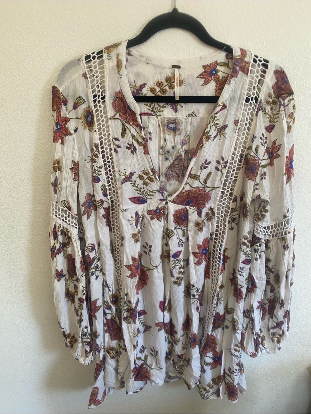 Free People White Floral Crochet-Trim Tunic with Rust and Purple Accents